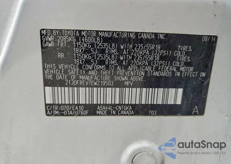 2014 Toyota Rav4 Limited z USA, uszkodzony, nr VIN 2T3DFREV7EW219503